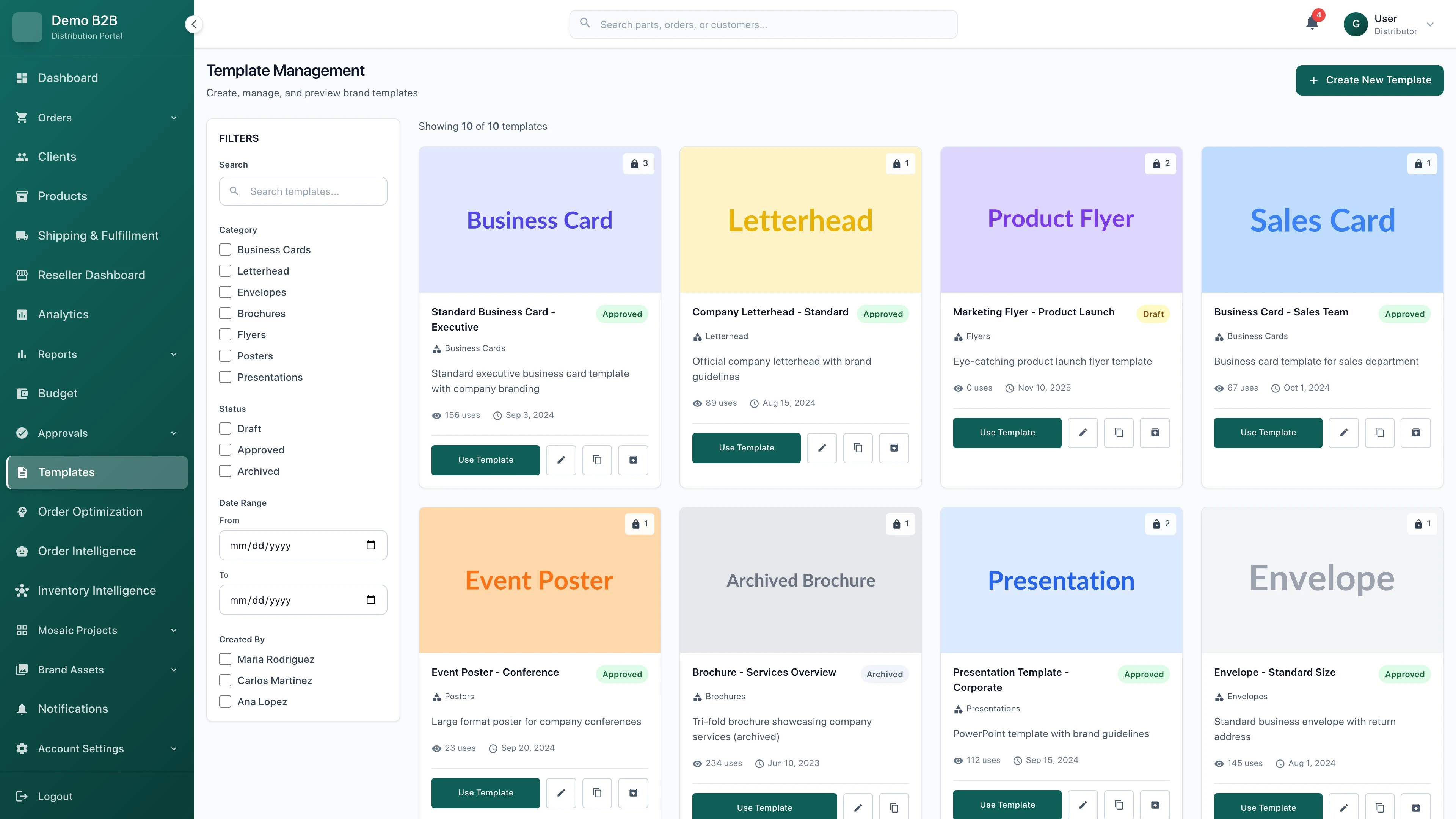 Templates Page - Print product templates and configuration interface